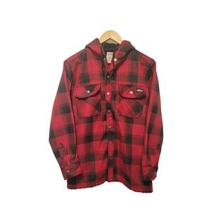 Genuine Dickies Hooded Jacket Red Plaid Snap Men S 34/36 Fleece Lined Pockets
